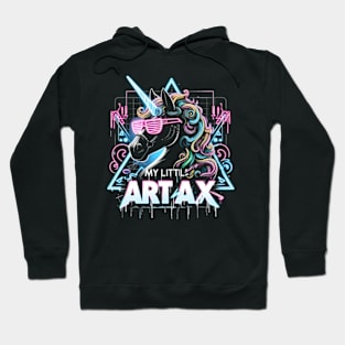 Neon unicorn artwork, futuristic mood, black style, wearing sunglasses, My little artax Hoodie